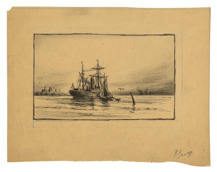 Reynolds Beal, Drawing: Title: Untitled. Artist: Reynolds Beal (1867-1951) Ink drawing, 1889. Signed and dated in ink, lower right. Paper size 6 3/16 x 8 1/8" (15.7 x 20.6 cm). Known as one of the early American Impressioni