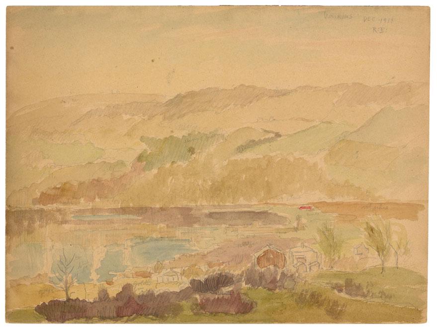 Reynolds Beal, Watkins, N.Y., Watercolor: Title: Watkins. [New York].Artist: Reynolds Beal (1867-1951) Pencil and watercolor, 1911. Initialed, titled and dated in pencil, upper right. Paper size 8 7/8 x 11 13/16" (22.4 x 30 cm). Known as one