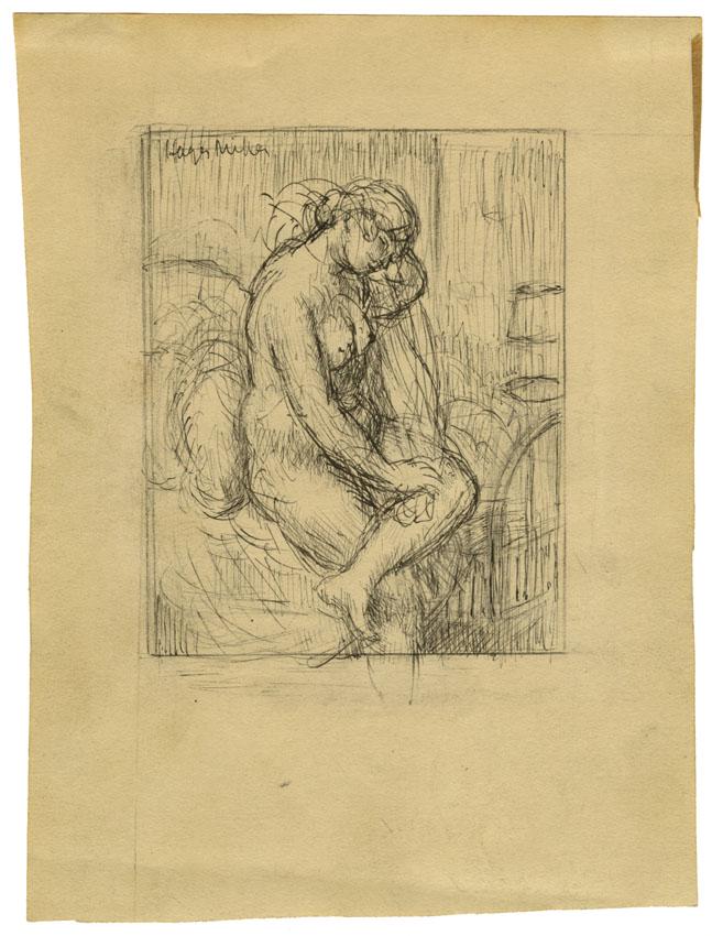 Kenneth Hayes Miller, Nude Drawing: Title: Untitled Nude.Artist: Kenneth Hayes Miller (1876-1952). Ink drawing, undated. Signed in ink, upper left "Hayes Miller." Image size 3 3/8 x 2 3/4" (8.6 x 7 cm). Kenneth Hayes Miller was an Amer