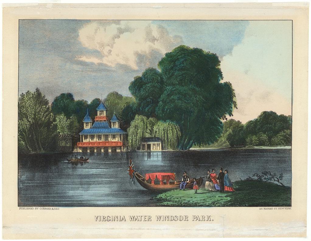 Currier & Ives, Virginia Water Windsor Park: Title: Virginia Water Windsor Park. Lithograph, handcolored, undated. Published by Currier & Ives 125 Nassau St. New York. Small folio - Image size 8 1/2 x 12 1/2" (21.6 x 31.8 cm). #6475 in "Currier 
