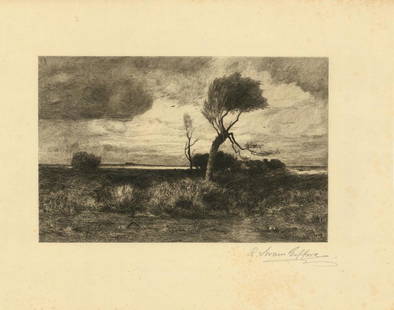 R Swain Gifford, Near the Coast, Etching: Title: Near the Coast. (Eve Repentant). Robert Swain Gifford (1840-1905)Etching, 1885-86.Signed in pencil. Edition 250. Printed on Japanese paper. Etching after his own painting commissioned by S.R. K