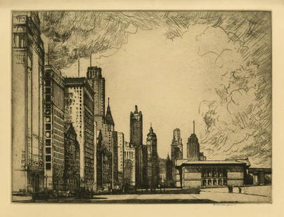 Donald Shaw MacLaughlan, Michigan Avenue, Chicago: Title: Michigan Avenue No. 2, Chicago.Artist: Donald Shaw MacLaughlan (1876-1938) Etching and drypoint, 1931. Edition not noted. Signed in pencil. Signed and dated in the plate. Image size 10 13/16 x