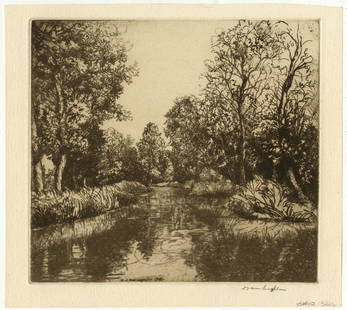 Donald Shaw MacLaughlan, River Song #2, Etching: Title:  River Song Number Two.  Artist: Donald Shaw MacLaughlan (1876 -1938)  Medium: Etching, 1918.  Edition c.60. Signed in pencil. Signed and dated within the plate. Image size 8 1/4 x 7 3/4" (20.7