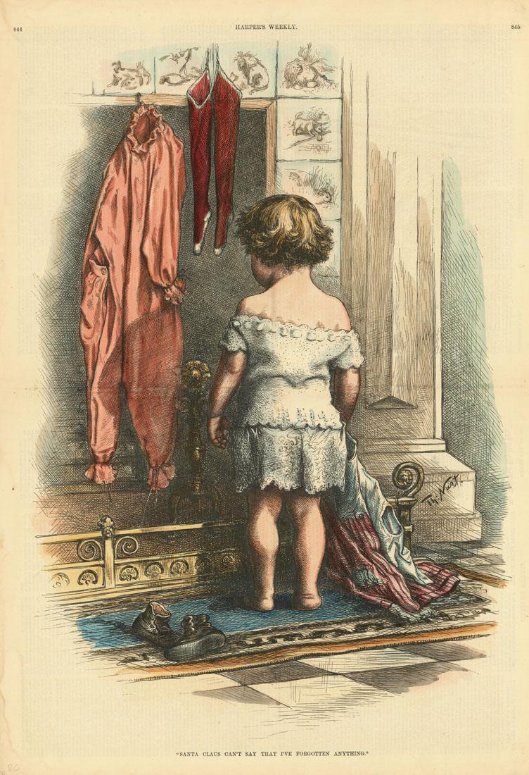 Thomas Nast, Santa Claus, Wood Engraving: Title: Santa Claus Can't Say That I've Forgotten Anything.Thomas Nast (1840-1902)Wood engraving, handcolored. December 25, 1886 Published by "Harper's Weekly," New York. Image size (vignette) 19 3/4