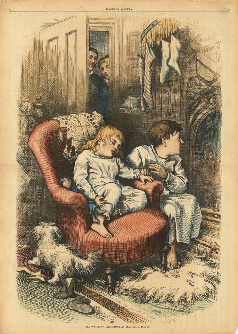 Thomas Nast, Christmas-Eve Watch, Wood Engraving: Title: The Watch on Christmas-Eve.Thomas Nast (1840-1902)Wood engraving, handcolored. January 1, 1876. Published by "Harper's Weekly," New York. Image size (vignette) 20 x 13 1/4" (51 x 33.7 cm). Thom