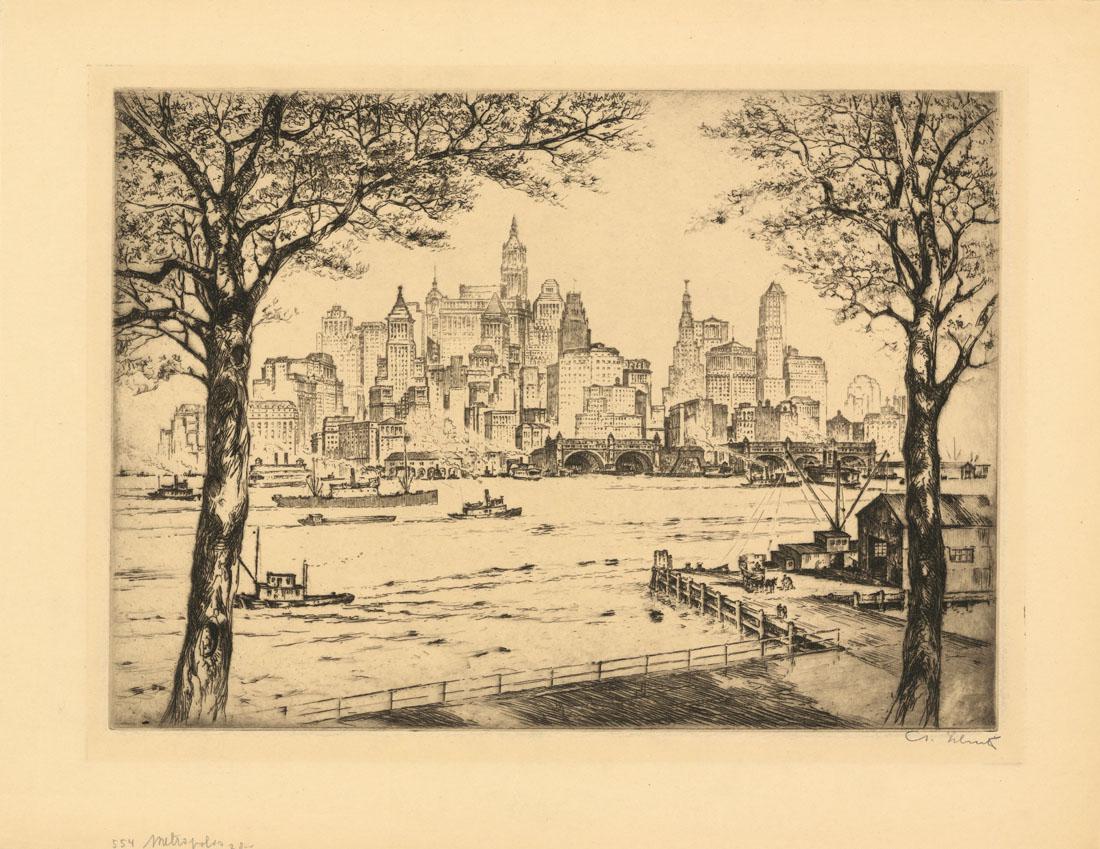Anton Schutz, Metropolis, Etching, NYC Harbor (1 of 2)