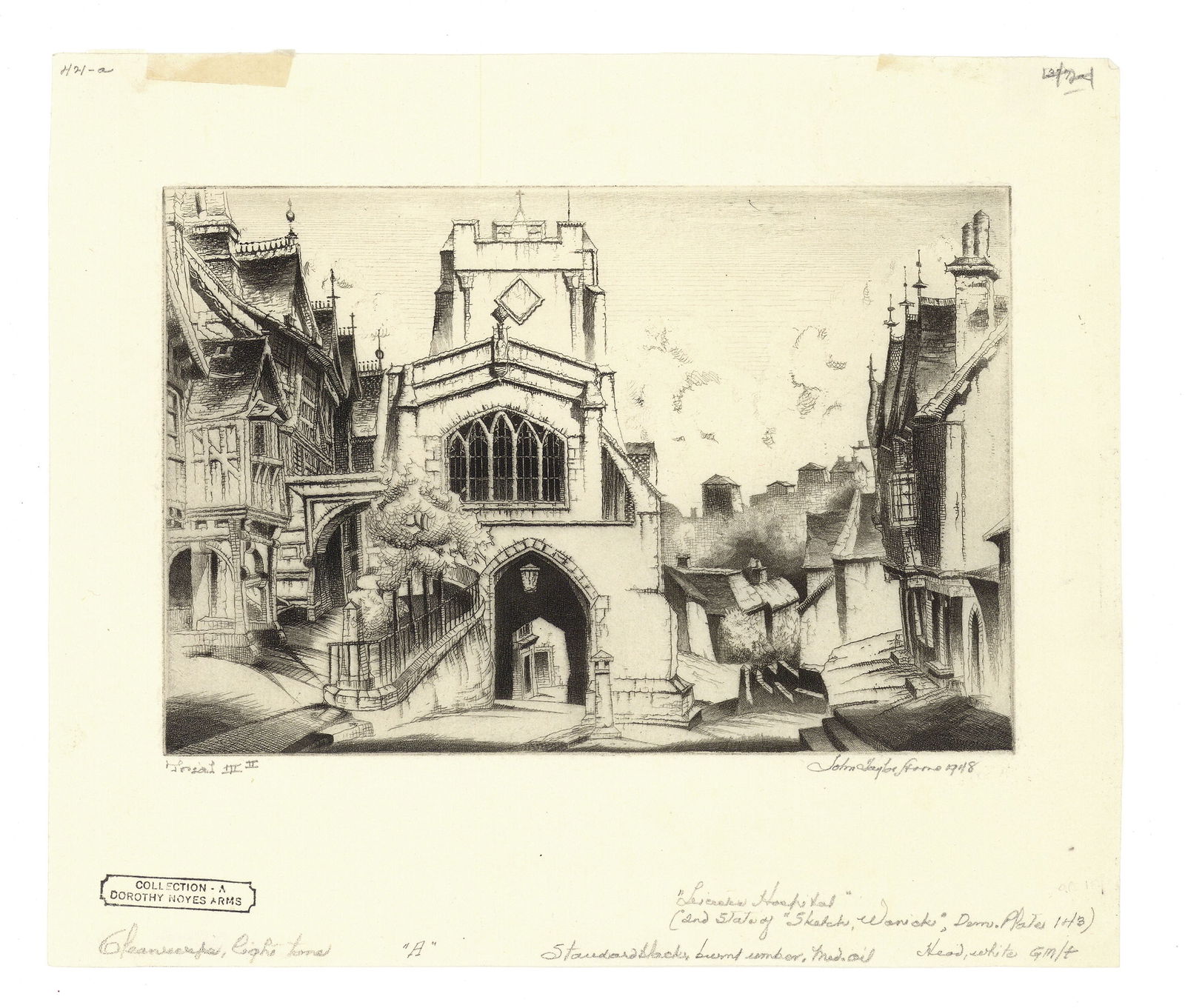 John Taylor Arms, Warwick: also called "Leicester Hospital, Warwick, England, Etching: Title: Warwick: also called "Leicester Hospital, Warwick, England."Artist: John Taylor Arms (1887-1953) Etching, 1948. Edition 49. Signed and dated in pencil. Inscribed "II." Written in pencil "Leice