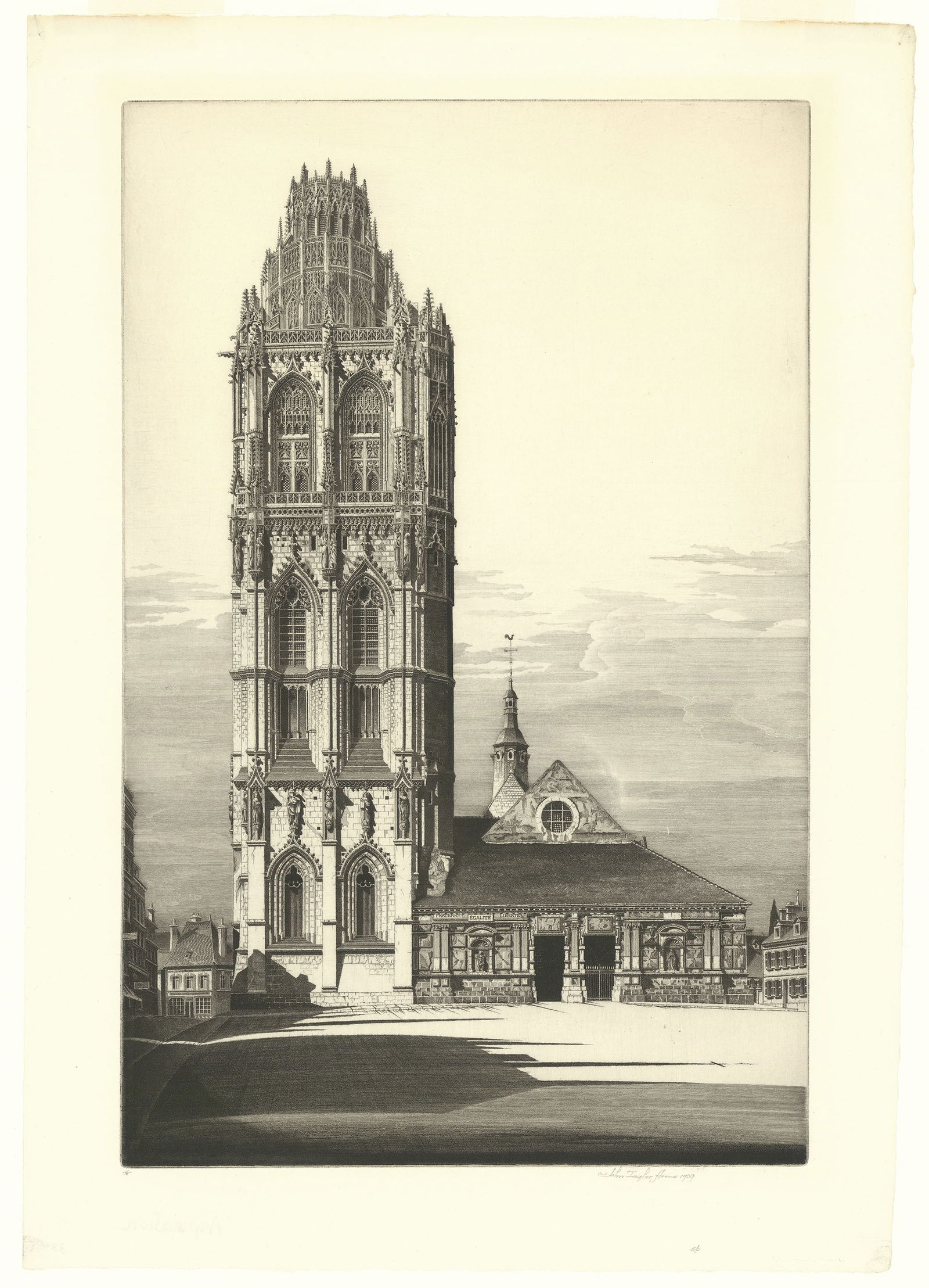 John Taylor Arms, Aspiration, La Madeleine, Verneuil-Sur-Avre, Etching: Title: Aspiration, La Madeleine, Verneuil-Sur-Avre. Artist: John Taylor Arms (1887-1953) Etching, 1939. Edition 419. Signed and dated in pencil. Inscribed "V." Image size 15 1/2 x 10" (39.5 x 25.3 mm