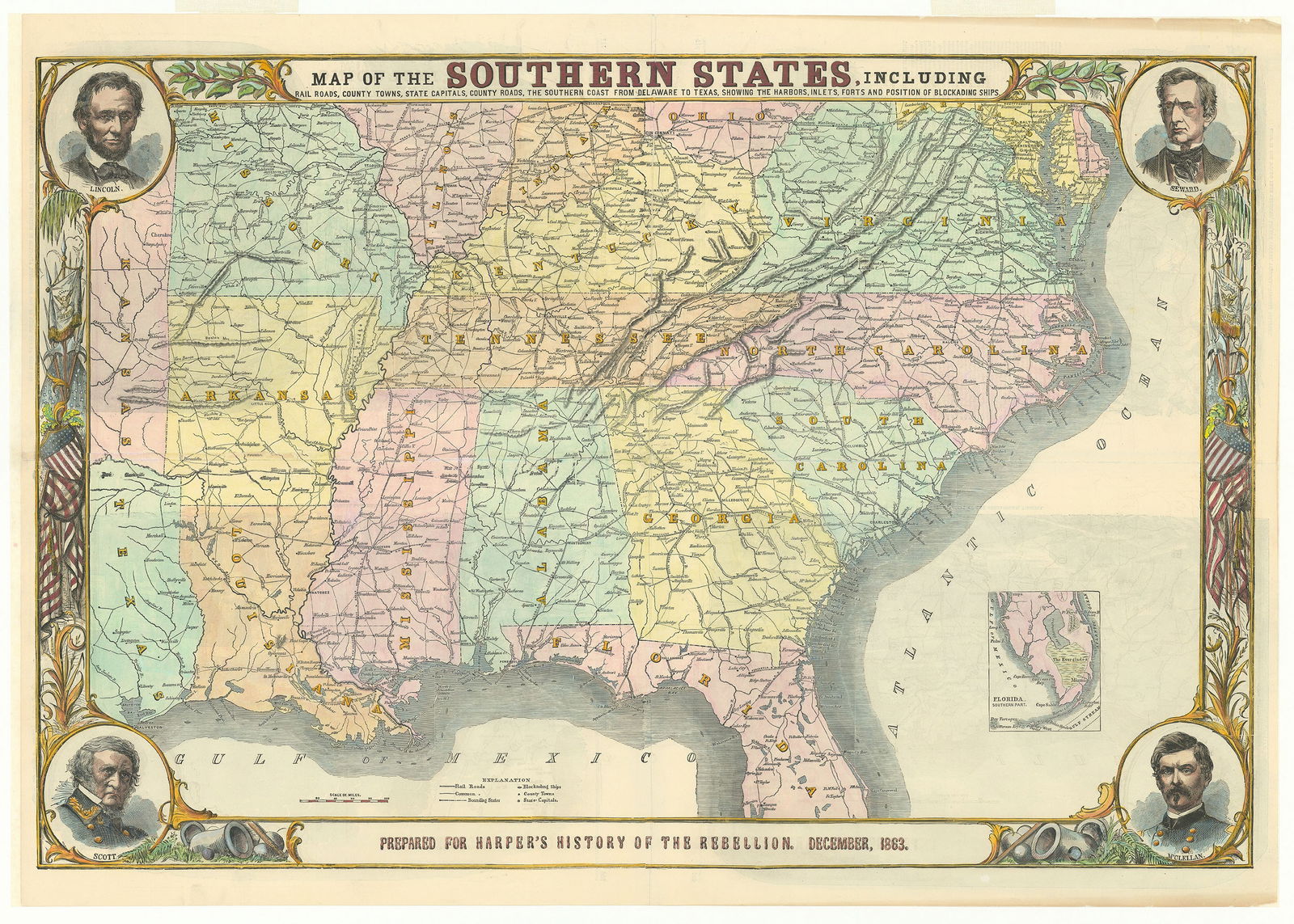 Harper & Brothers, Map of the Southern States, Including Rail Roads, County Towns, State Capitals, (1 of 2)