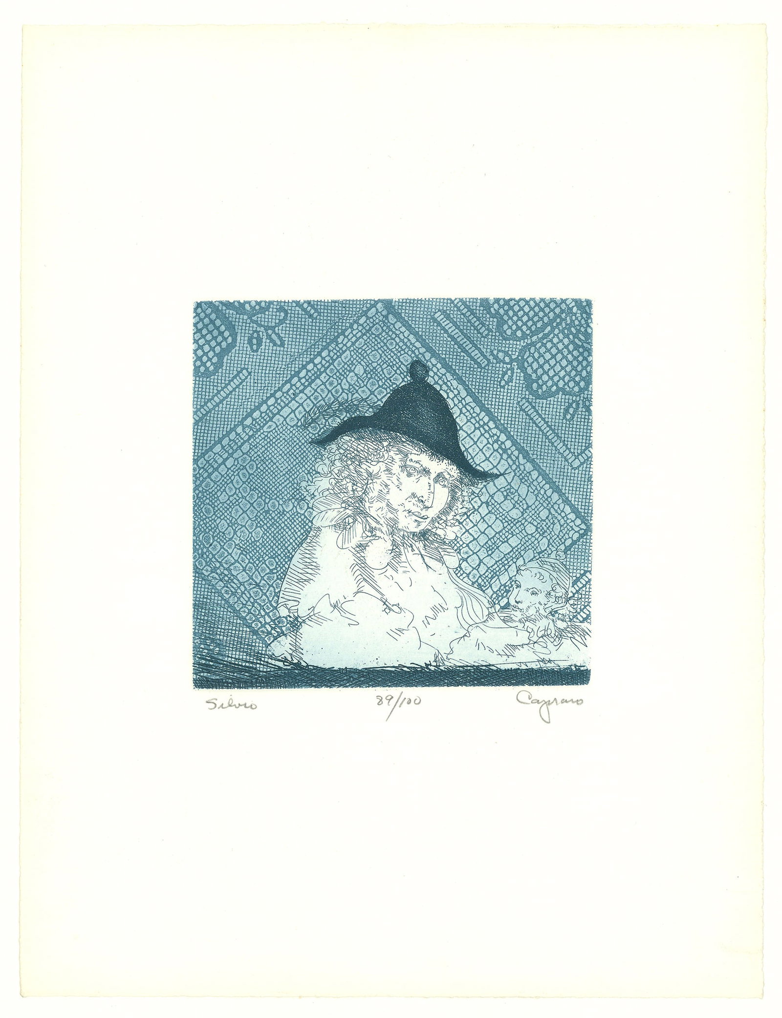 Vincent Capraro, Silvio, Etching: Title: Silvio Artist: Vincent Capraro (1919-2016) Published by Associated American Artists Etching printed in dark blue ink, 1968. Edition 100. Signed and dated in pencil. Inscribed "89/100." Image si