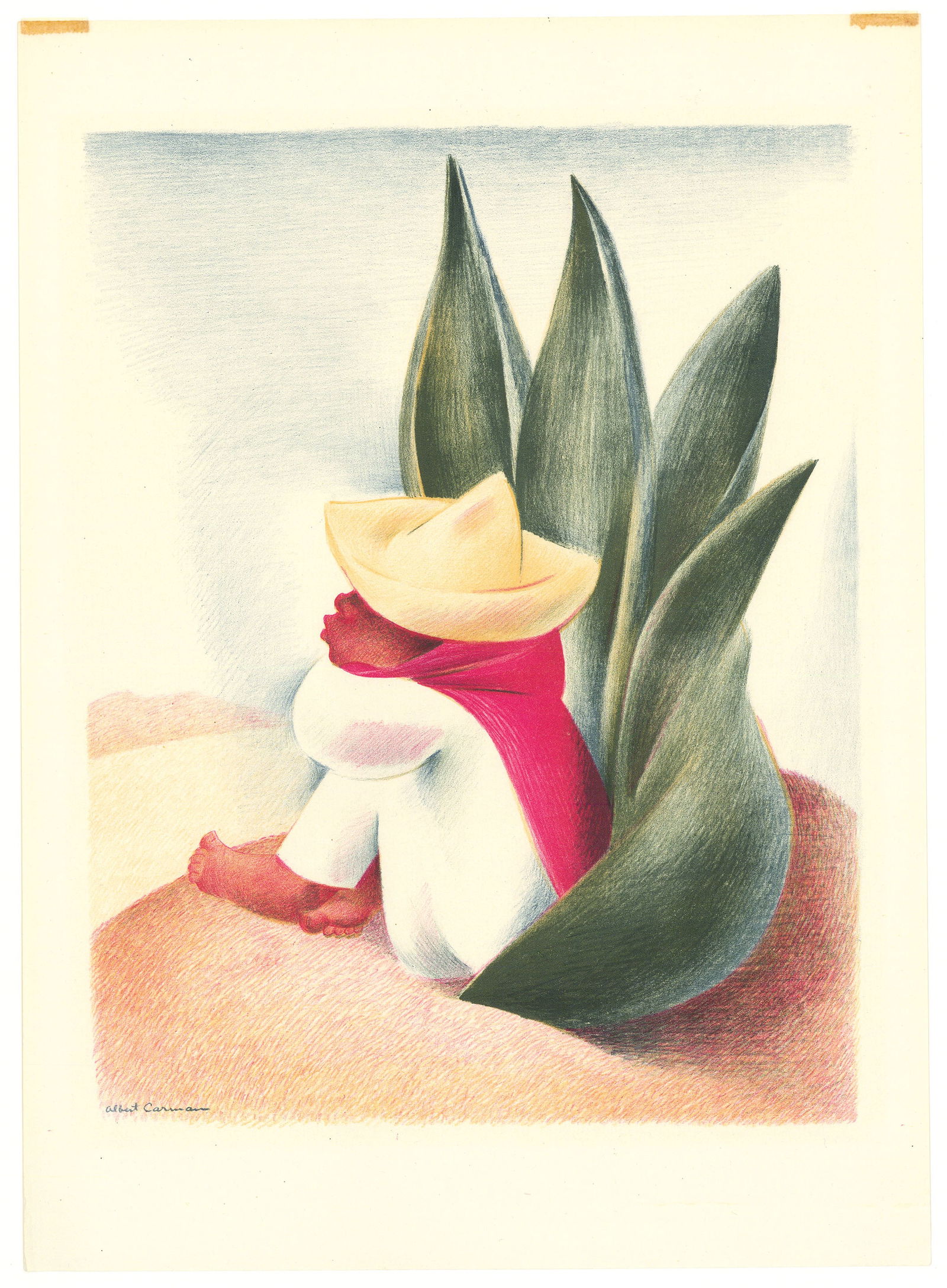 Albert Carman, Man and a Cactus (Untitled), Color lithograph (1 of 3)