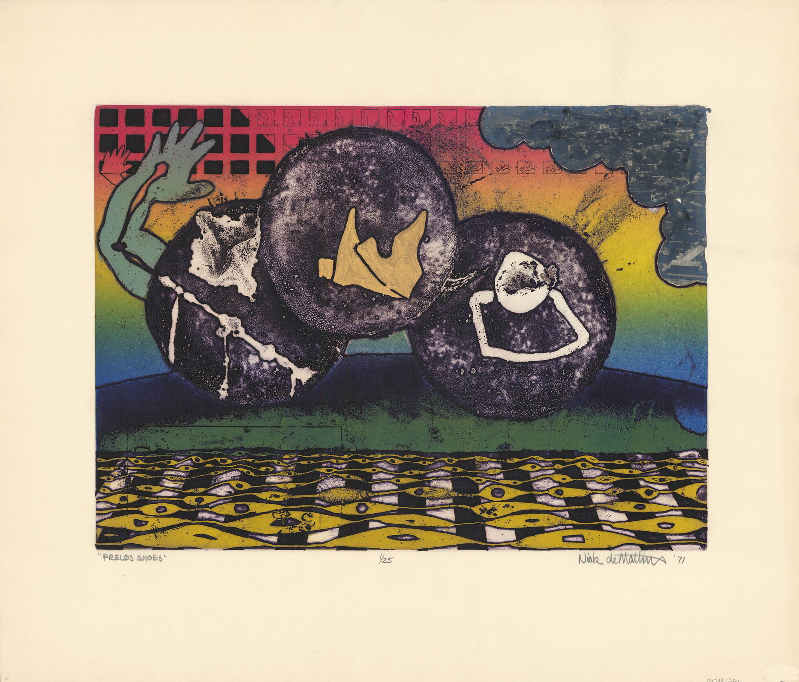 Nick Frank De Matties, Freuds Shoes, Etching: Title: Freuds Shoes. Nick Frank De Matties (1939-2021) Etching, 1971. Edition 25. Signed, titled and dated in pencil. Inscribed "1/25." Image size 12 5/8 x 17 1/2" (32.1 x 44.4 cm). Nick Frank De Mat