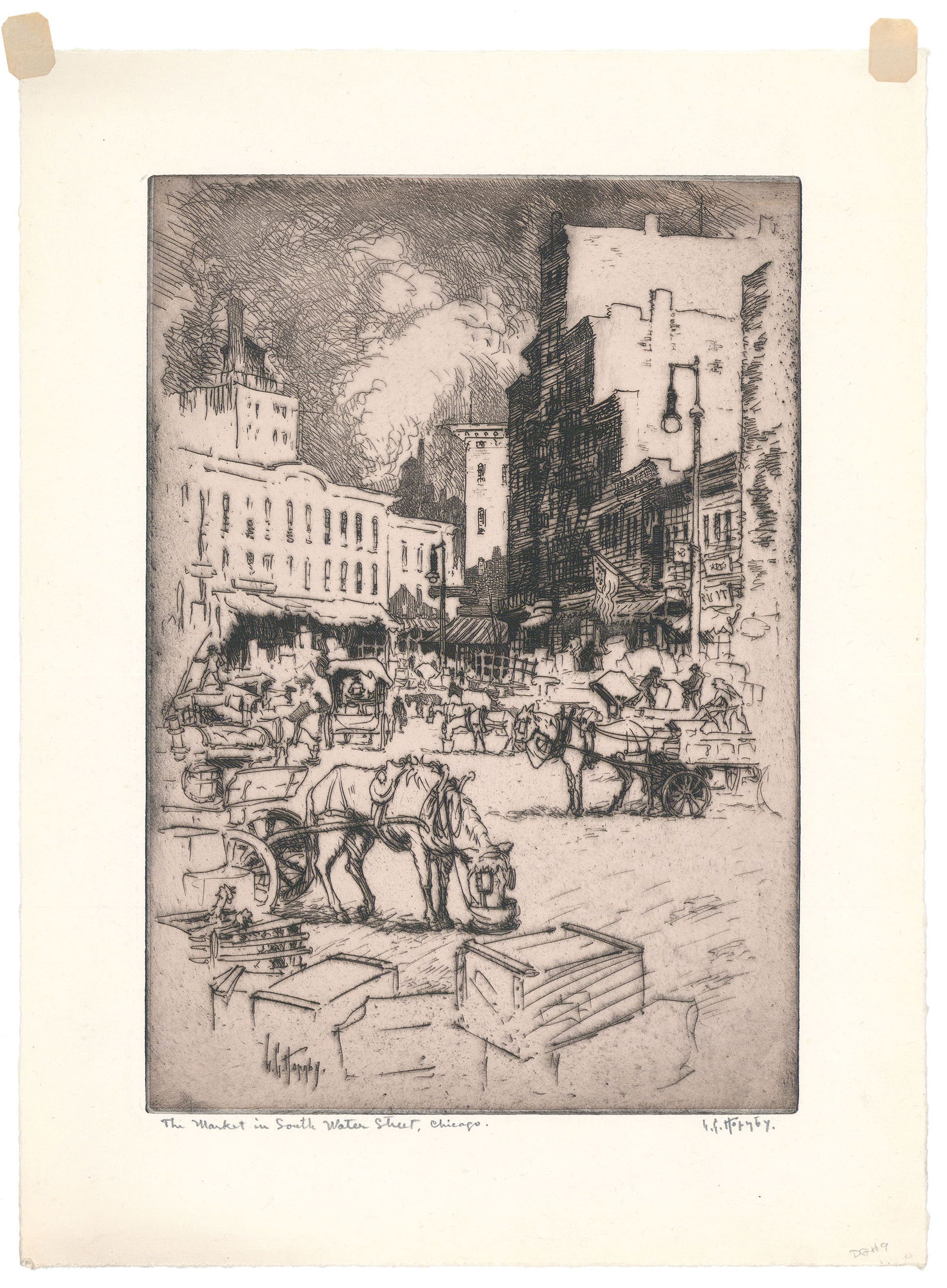 Lester G. Hornby, The Market in South Water Street, Chicago, Etching and drypoint (1 of 2)