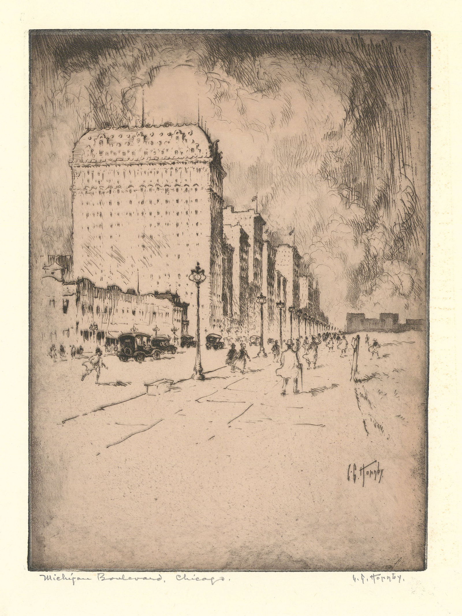 Lester Hornby, Michigan Boulevard, Chicago, Etching and drypoint (1 of 3)
