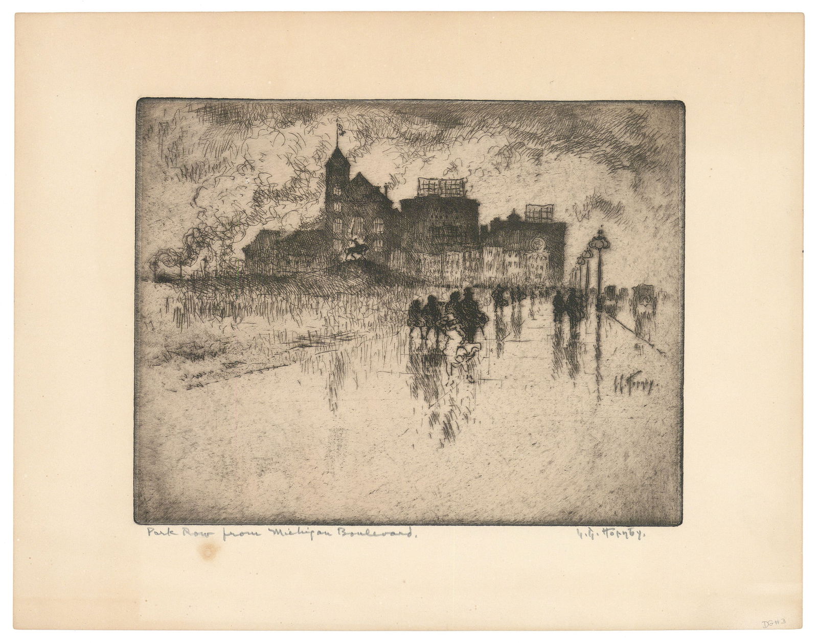 Lester Hornby, Park Row from Michigan Boulevard, Etching and drypoint (1 of 2)