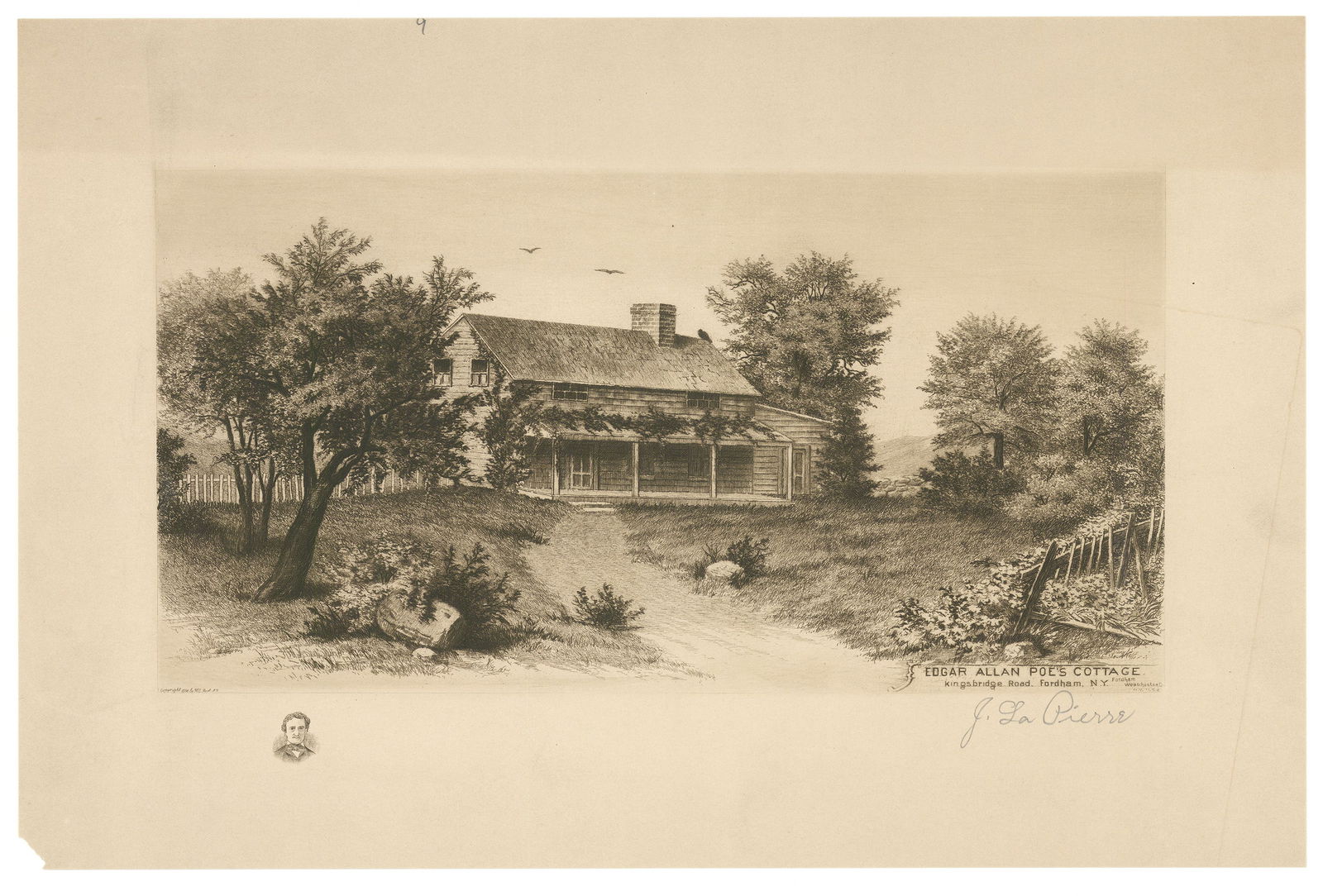 J. La Pierre, Edgar Allan Poe's Cottage : Kingsbridge Road, Fordham, N.Y., Etching (1 of 3)