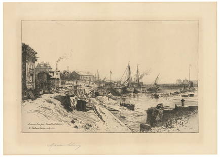 Maxime Lalanne, Souvenir d'un Port Trouville, Calvados, Etching and drypoint: Title: Souvenir d'un Port Trouville, Calvados. Artist: Maxime Lalanne (1827-1886) Etching and drypoint, 1881 Signed in pencil. Titled in plate. Image size 10 x 15 3/4"(25.4 x 40 cm). This is one of t