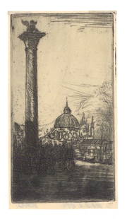 Donald Shaw MacLaughlan, Lion Column, Venice, Etching: Title:  Lion Column, Venice.Artist: Donald Shaw MacLaughlan (1876 -1938) Etching, 1899. Edition not noted. Signed in pencil. Image size 3 5/8 x 2" (9.3 x 5.2 cm). #210 in "A descriptive catalogue of t