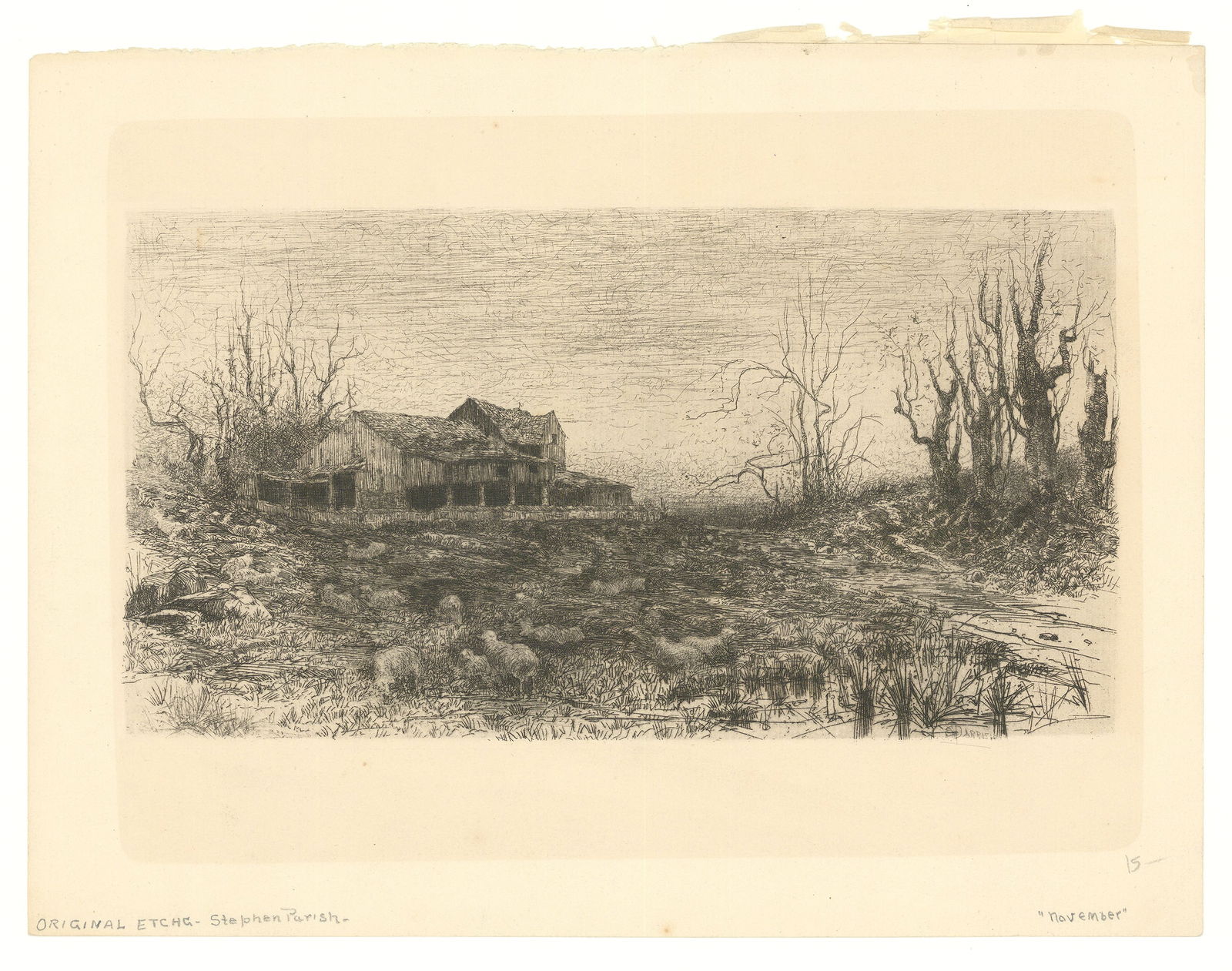 Stephen Parrish, November, Etching: Title: November. Artist: Stephen Parrish (1846-1938) Published by American Art Review. Etching, 1880. Edition 100. From the suite "Twelve Etchings." Signed in pencil. Inscribed "96/100". Image size 5