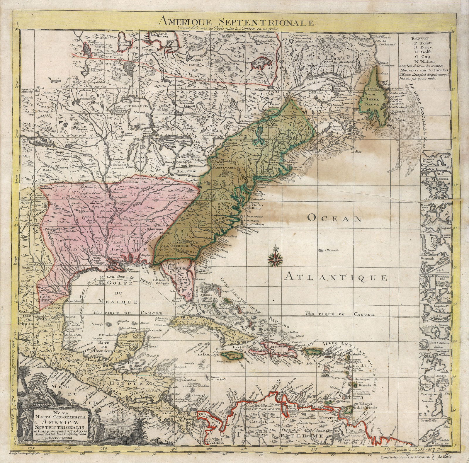 Henry Popple, Amerique Septentrionale. Nova Mappa Geographica Americae Septentrionalis insulas (1 of 3)