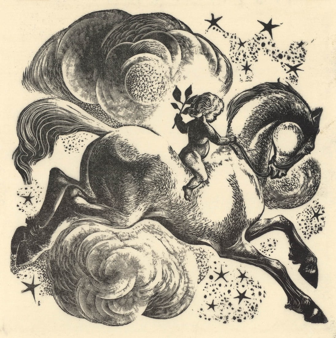Lynd Ward, A Scene of a Young Girl on a Horse Flying Through the Heavens (Untitled), Wood engraving (1 of 1)