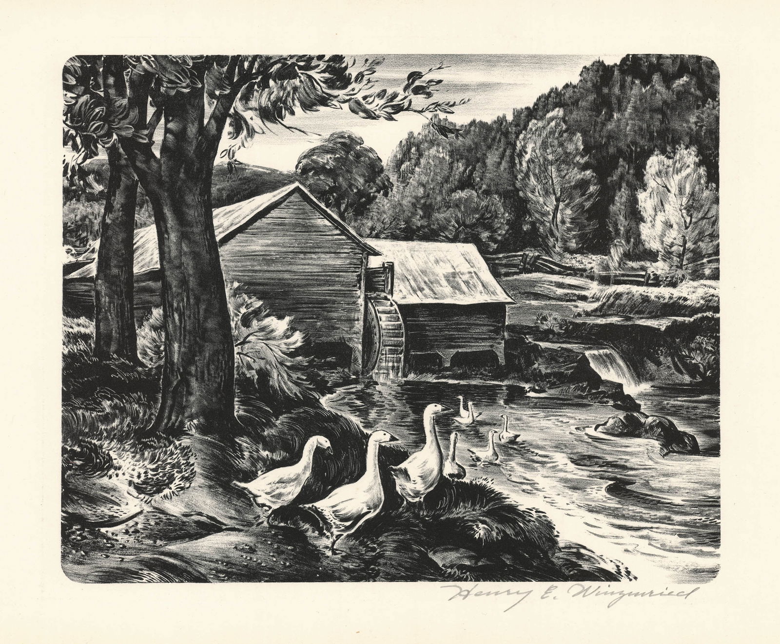 Henry E. Winzenreid, Mill with Geese (Untitled), Lithograph (1 of 2)