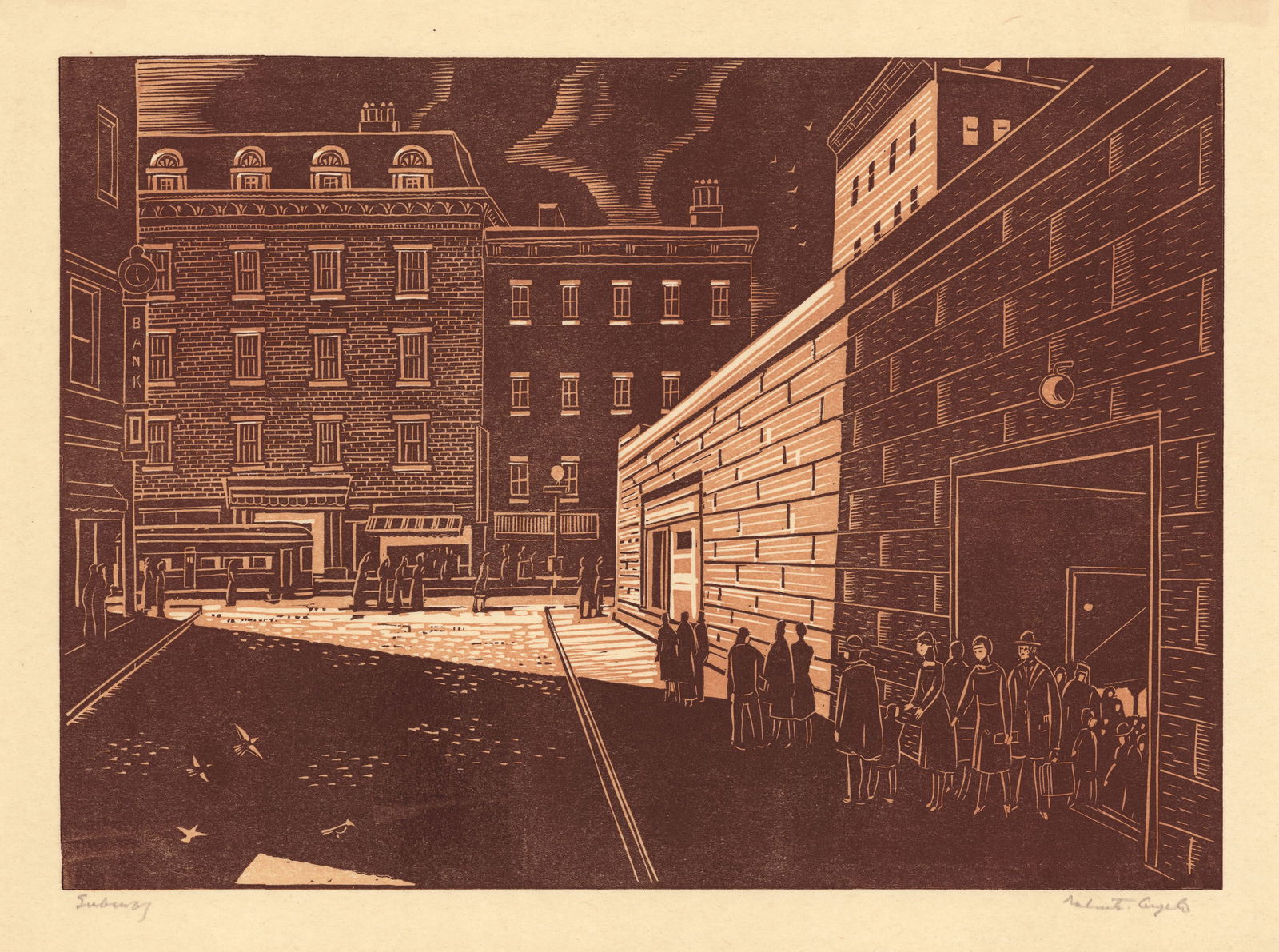 Valenti Angelo, The Subway, Two-color Woodblock (1 of 3)