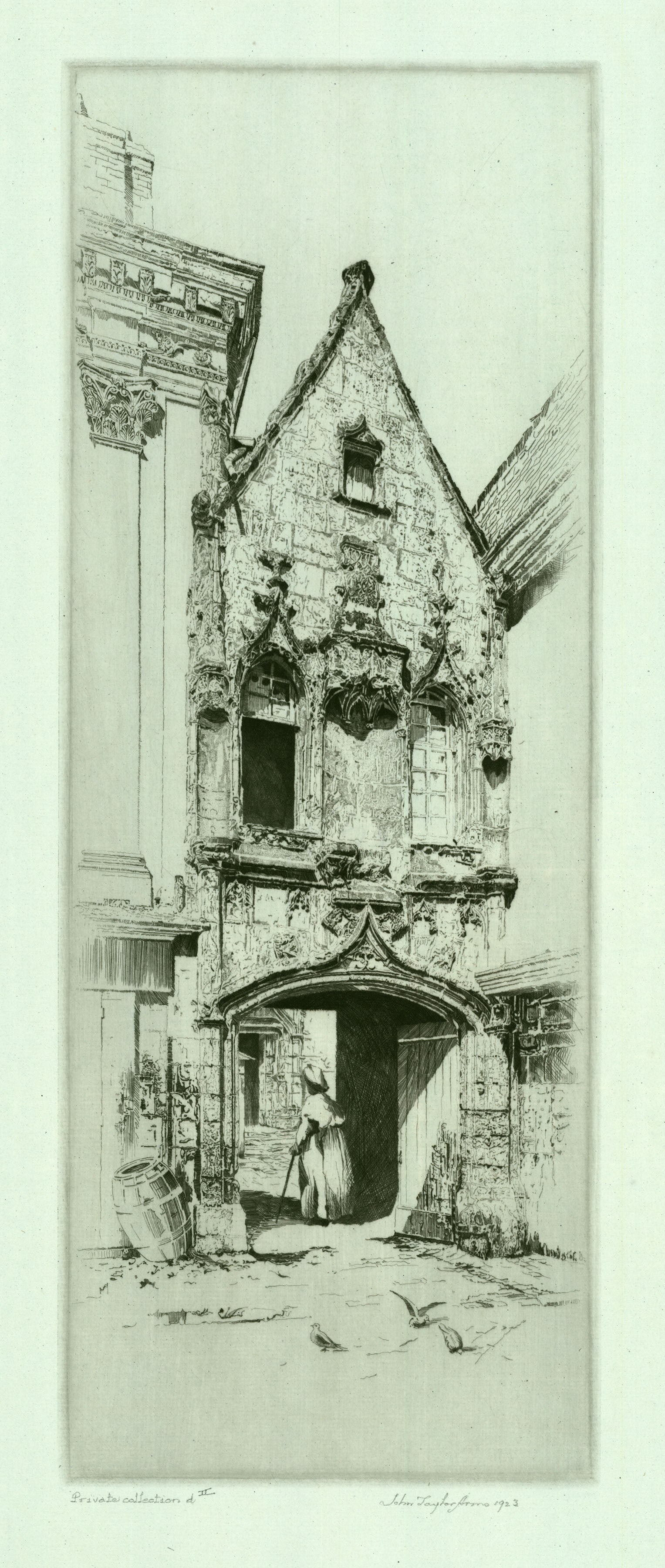 John Taylor Arms, Renaissance, Blois, France, Etching: Title: Renaissance, Blois, France. Artist: John Taylor Arms (1887-1953) Etching, 1923. Edition 16. Signed and dated in pencil. Inscribed "Private Collection d II." Printed on light blue paper. Wate