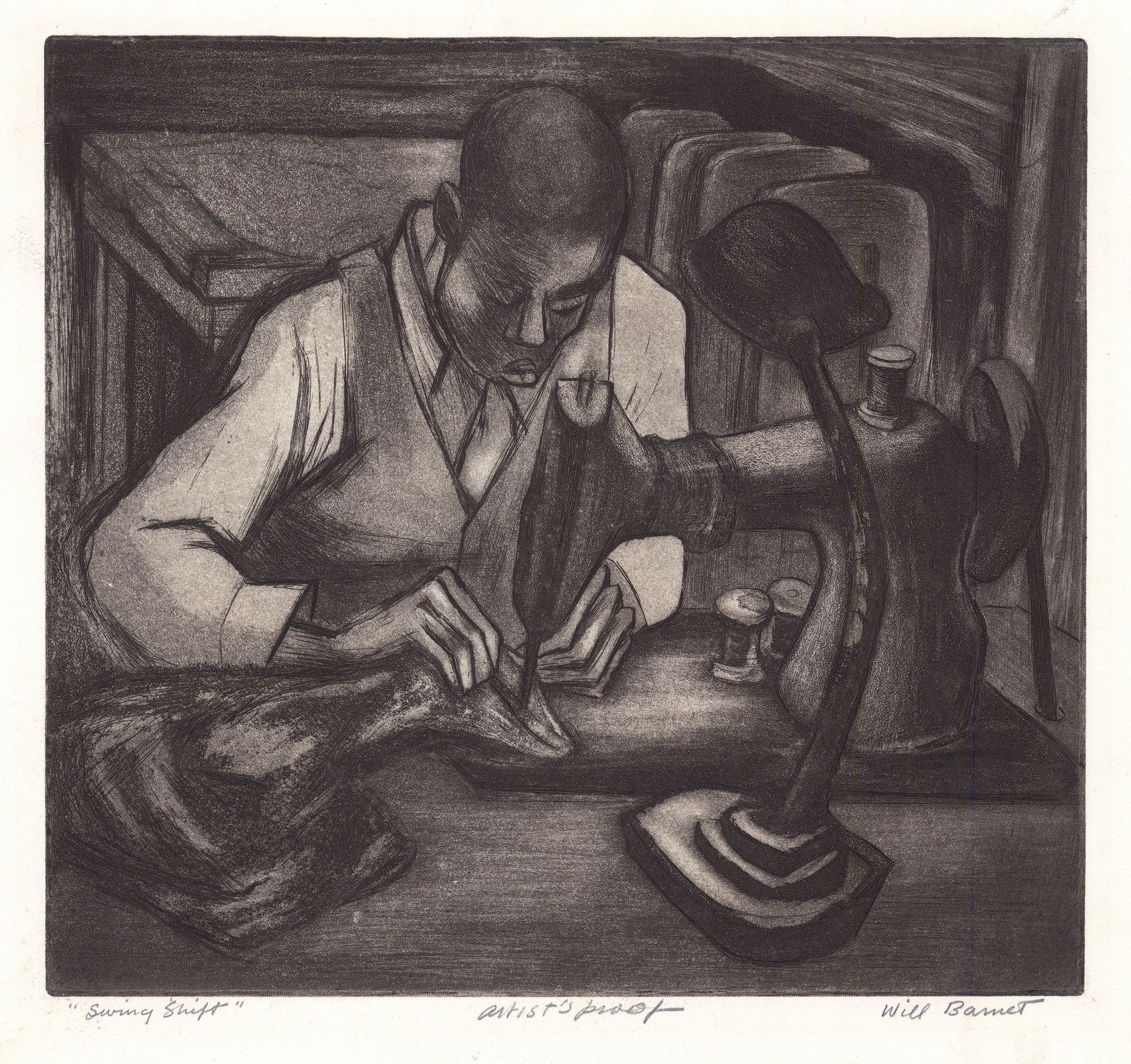 Will Barnet, Swing Shift, Etching & aquatint: Title: Swing Shift. Artist: Will Barnet (1911-2012) Etching & aquatint, 1937. Edition of 30. Signed and titled in pencil, inscribed "artist's proof." Image size 9 7/8 x 10 3/4" (25.1 x 27.3 cm).