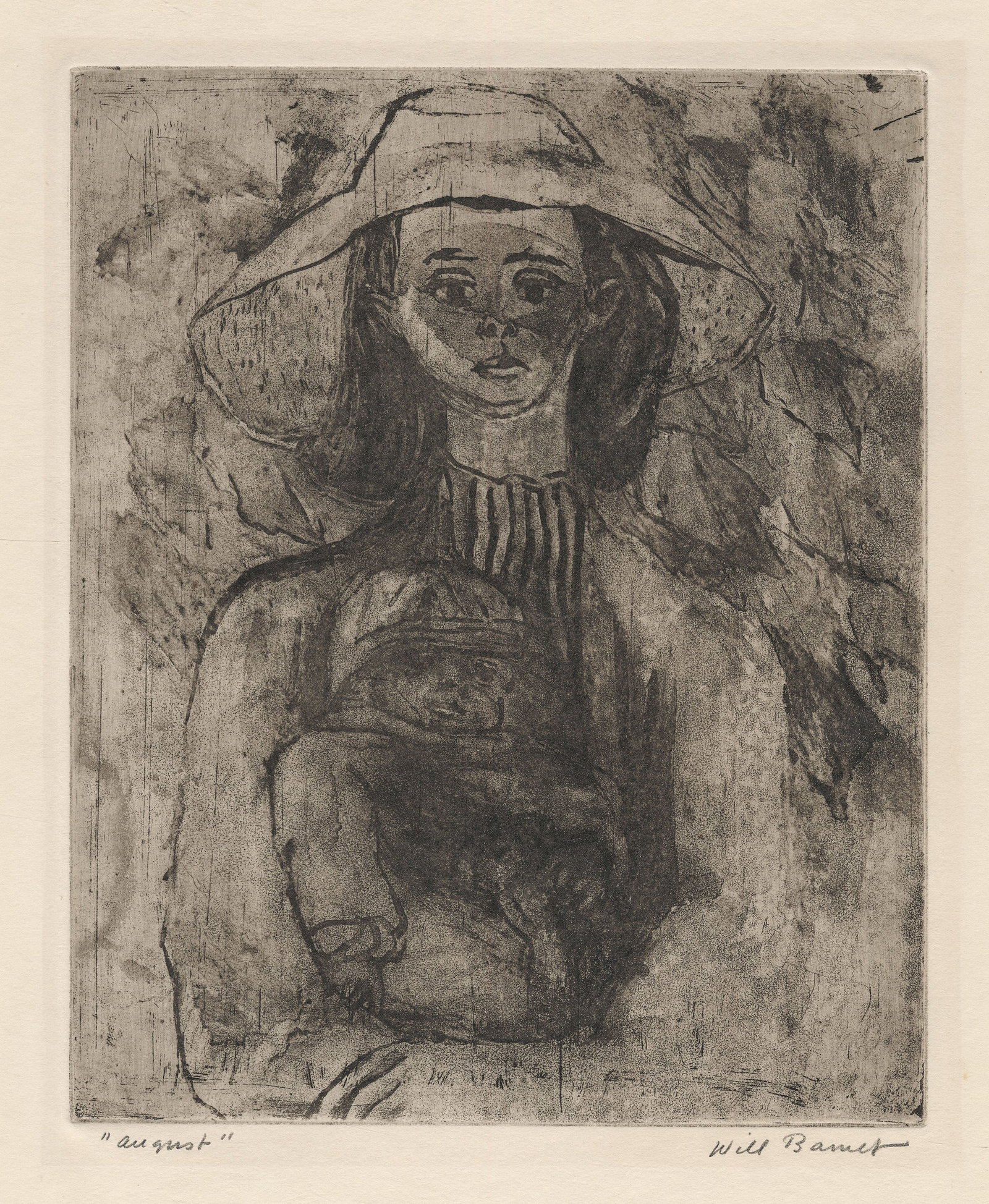 Will Barnet, August, Etching: Title: August. Artist: Will Barnet (1911-2012) Etching, 1940. Edition of 100. Signed and titled in pencil. Image size 9 7/8 x 10 3/4" (25.1 x 27.3 cm). #84 in "Will Barnet: A Catalogue Rais