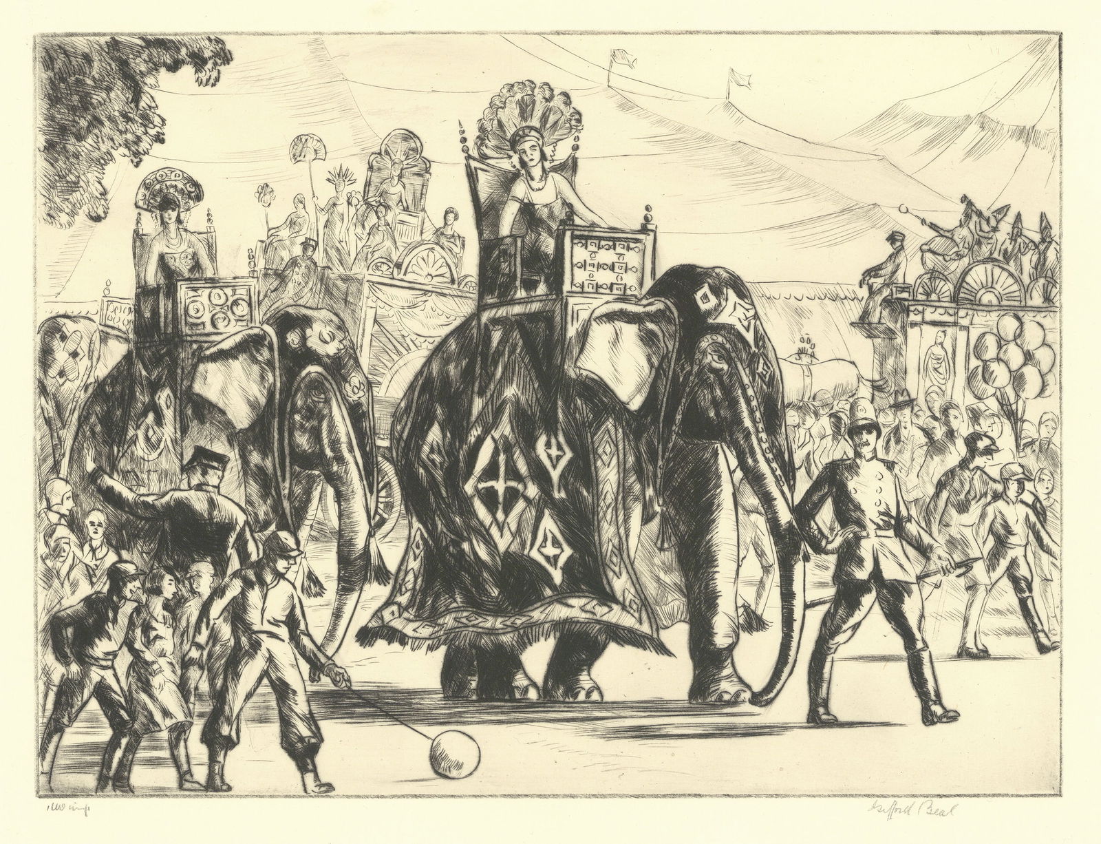Gifford Beal, Circus Parade, Drypoint engraving: Title: Circus Parade. Artist: Gifford Beal (1879-1956) Drypoint engraving, c. 1930. Edition of 100. Signed in pencil. Inscribed "imp." Image size 8 3/4 x 11 7/8" (22.3 x 30.1 cm). Gifford Be