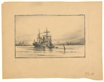Reynolds Beal, Ship in Harbor. (Untitled), Ink drawing