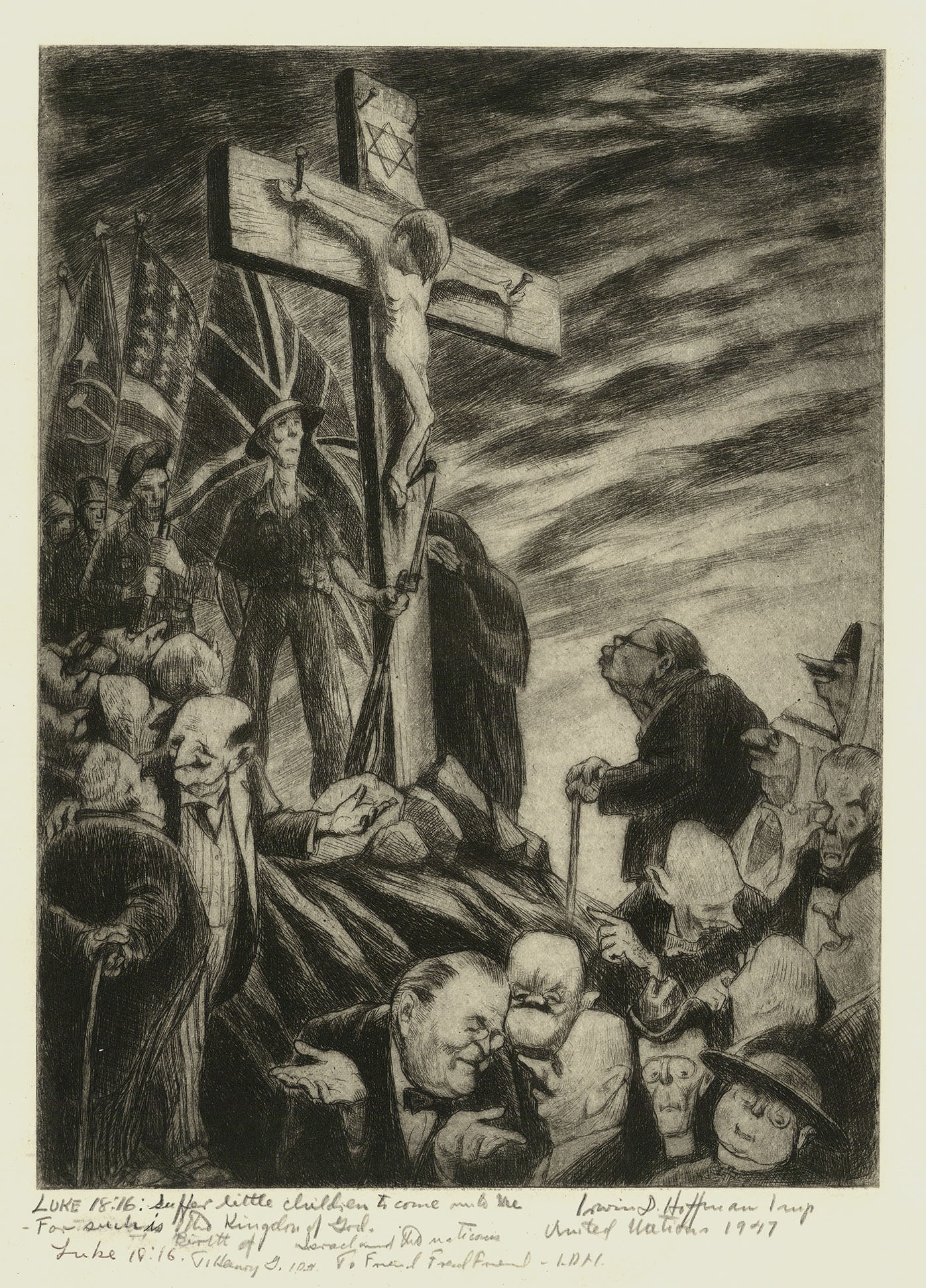 Irwin D. Hoffman, Suffer Little Children to Come unto Me for Such is the Kingdom of God. Luke: Title: Suffer Little Children to Come unto Me for Such is the Kingdom of God. Luke 18:16. Artist: Irwin D. Hoffman (1901-1989) Etching, 1947. Signed and titled in pencil. Image size 12 x 8 7/8" (30