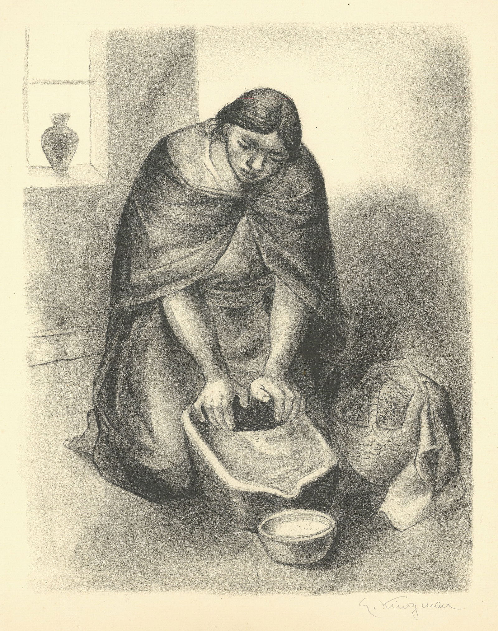Eduardo Kingman, Grinding Corn, Lithograph (1 of 3)