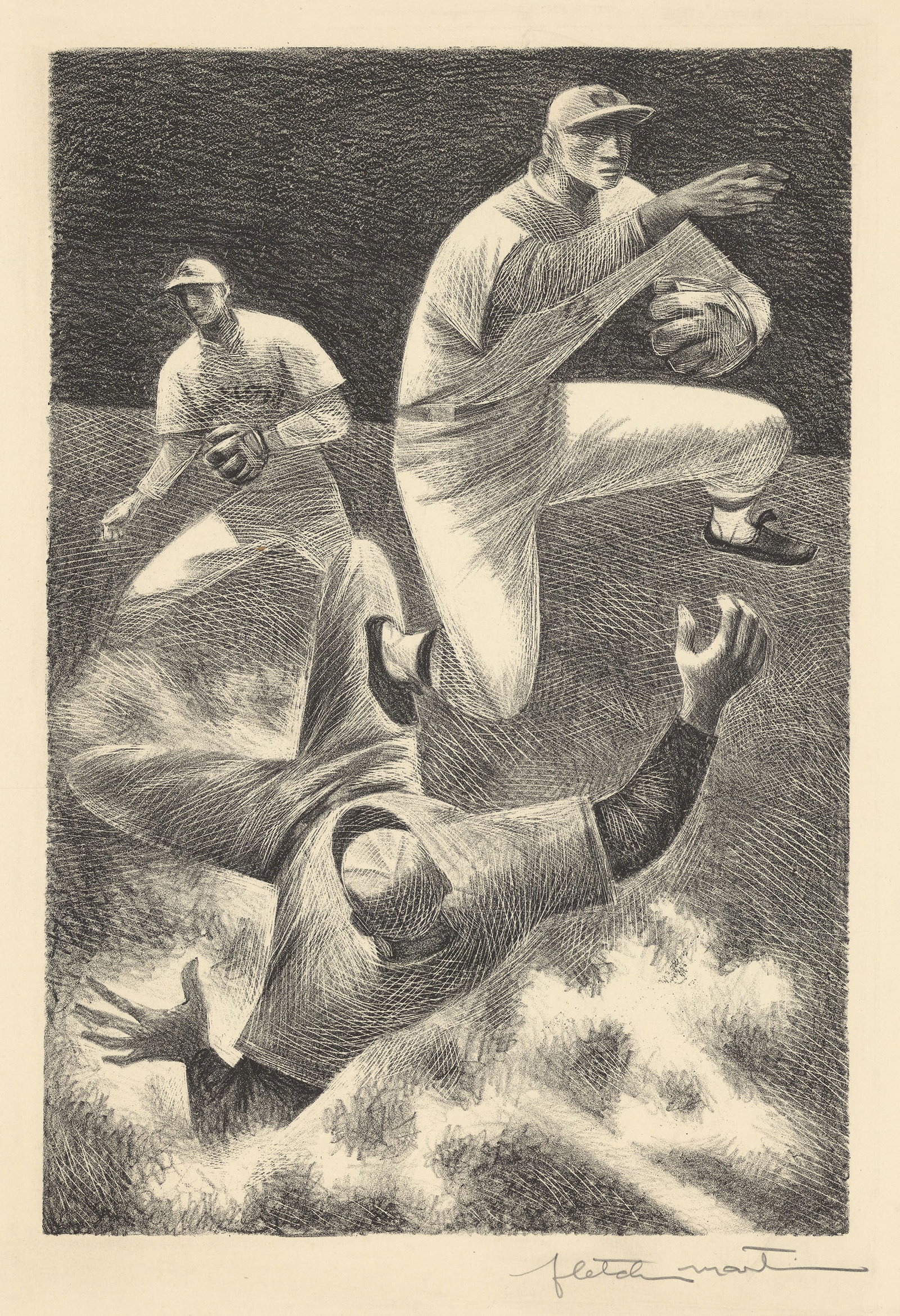 Flecther Martin, Double Play, Lithograph: Title: Double Play. Artist: Fletcher Martin (1904-1979) Lithograph, 1952. Edition of 250. Signed in pencil. Image size 12 3/8 x 8 3/8" (31.5 x 21 cm). Fletcher Martin was an American pai