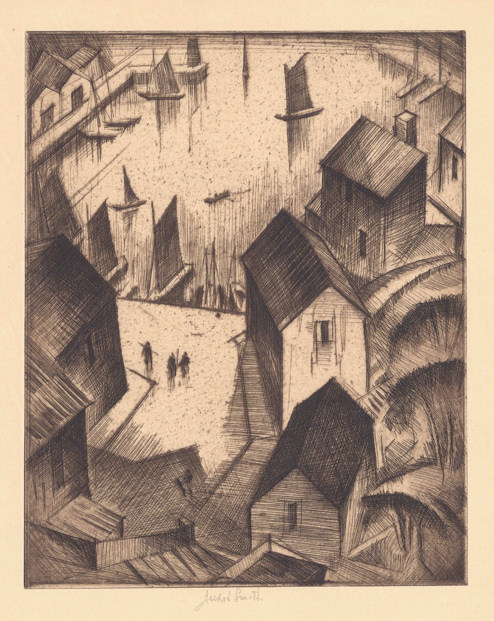 J. Andre Smith, Fishing Village. (Untitled), Drypoint (1 of 3)