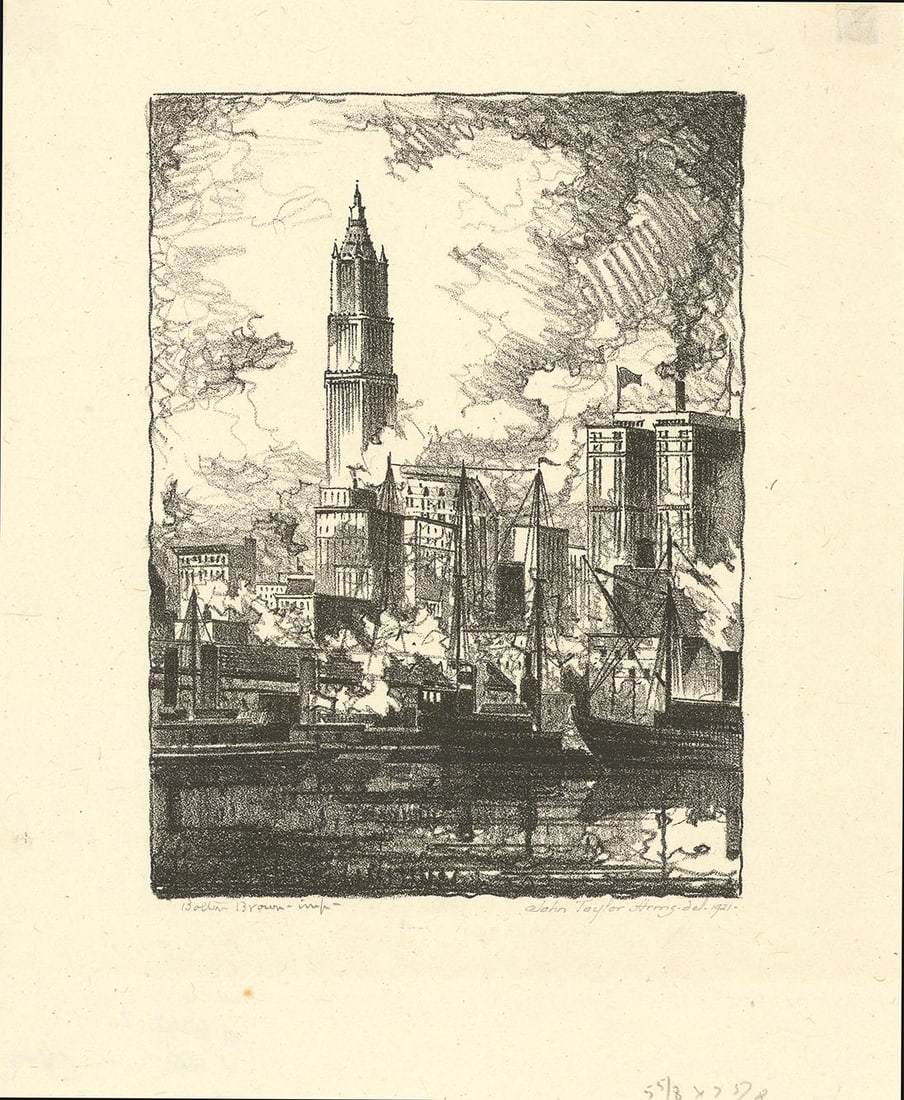 John Taylor Arms Lithograph New York Skyline, Sketch.: Title: New York Skyline, Sketch. Artist: John Taylor Arms (1887-1953) Lithograph, 1921. Signed in pencil by J.T.A and Bolton Brown (printer), inscribed imp. Edition 20. Image size 6 3/4 x 5" (171 x