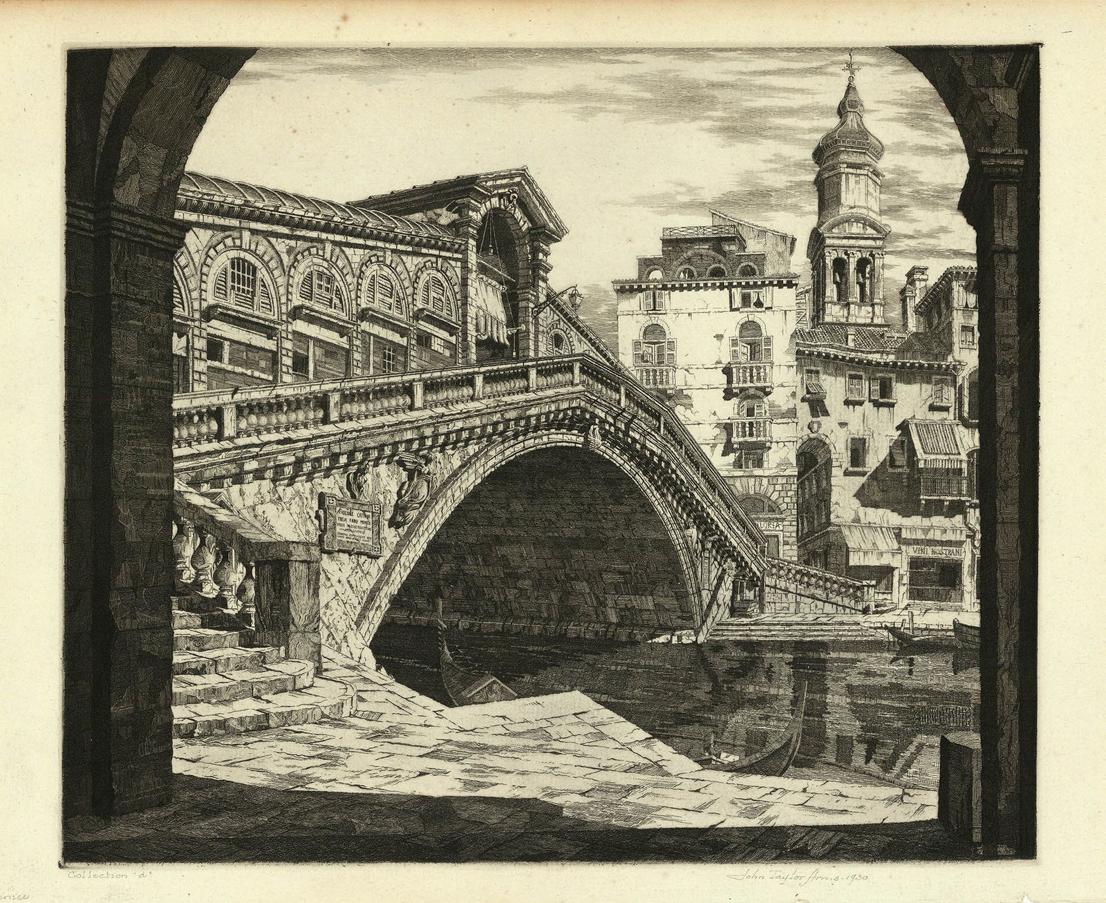 John Taylor Arms Etching Shadows of Venice.: Title: Shadows of Venice. (Il Ponte di Rialto, Venezia.) Artist: John Taylor Arms (1887-1953) Etching, 1930. Italian Series #16. Plate inscription "J.T. Arms Venezia 1929." Signed and dated in penci
