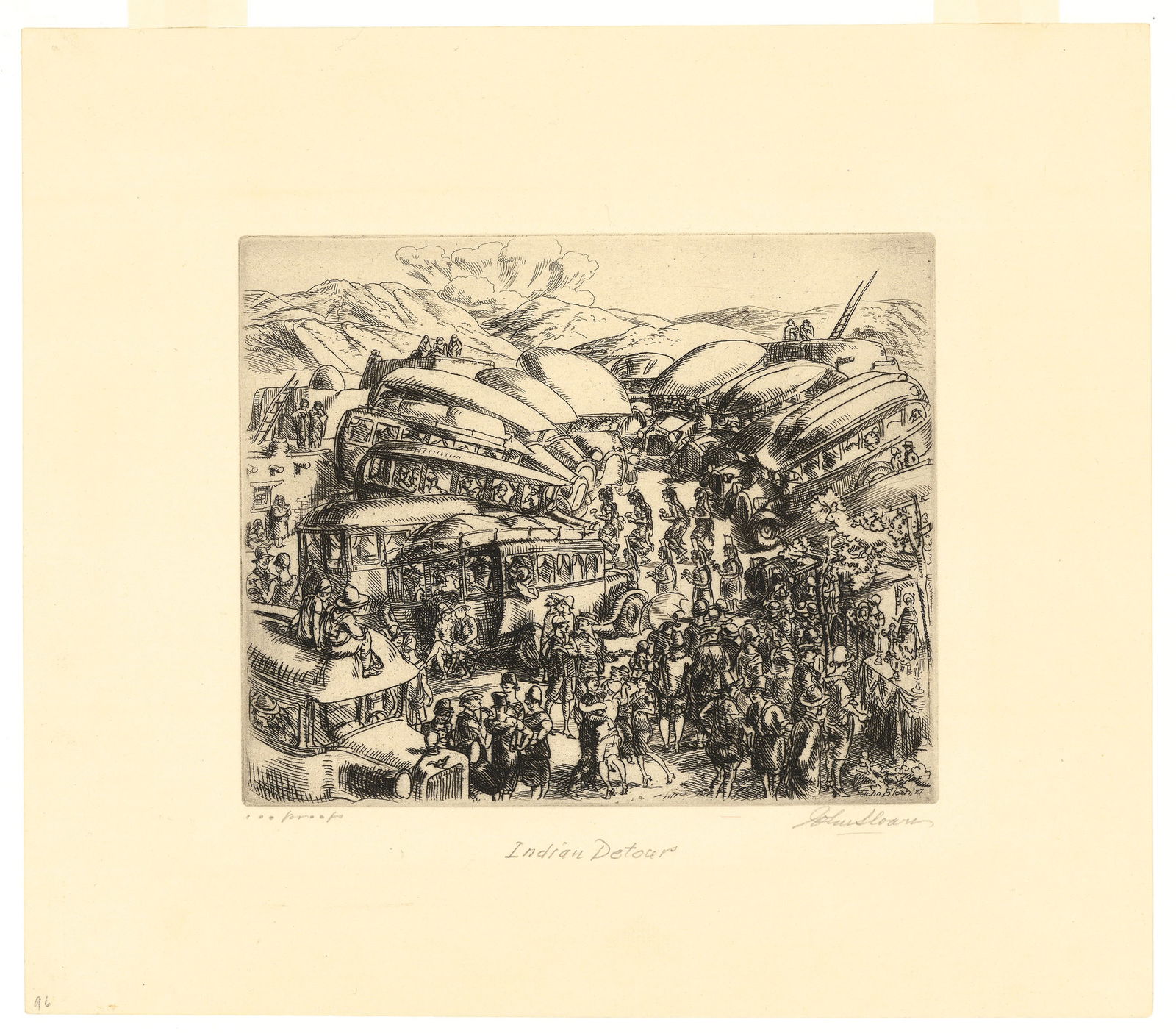 John Sloan Etching Indian Detour: Title: Indian Detour. Artist: John Sloan (1871-1951) Etching, 1927. Edition 100. Printing 70. Image size 6 x 7 1/4" (15.1 x 18.4 cm). Signed, Titled and inscribed "100 proofs" in pencil.This scen