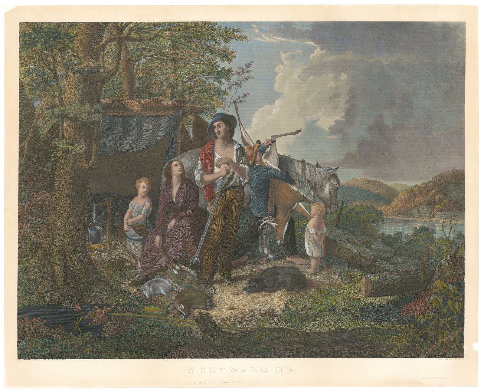 Westward Ho!, by James H. Beard, Engraving, 1856.: Title: Westward Ho!Artist: Painted by James Henry Beard (1812-1893) Engraved by T. D. Booth. Published exclusively for members of the Crosby Opera House Art Association, 1866. Engraving with hand col