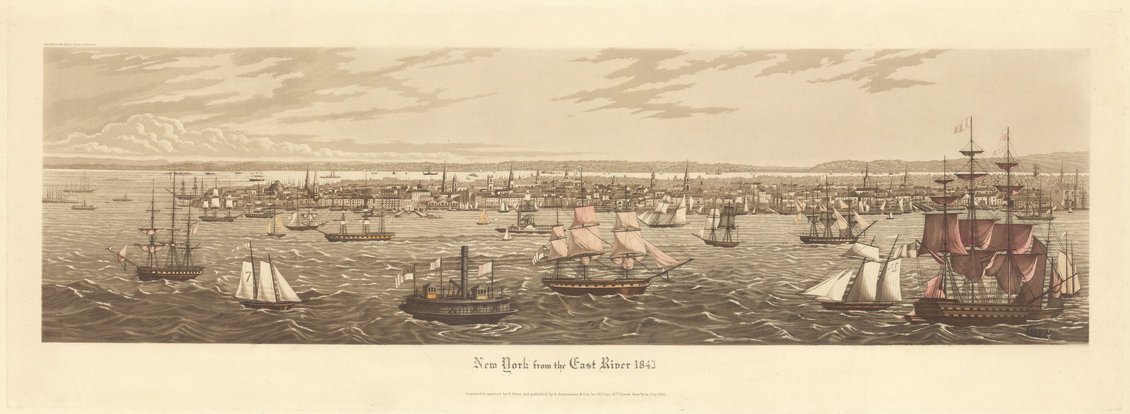 New York. Aquatint and Engraving by Raoul Varin, 1930.: Title: New York from the East River 1843. Artist: Raoul Varin (1865-1943). Published by A. Ackermann & Son Inc. 50 East 57th Street New York City 1930. Aquatint engraving, hand colored, 1930. Image