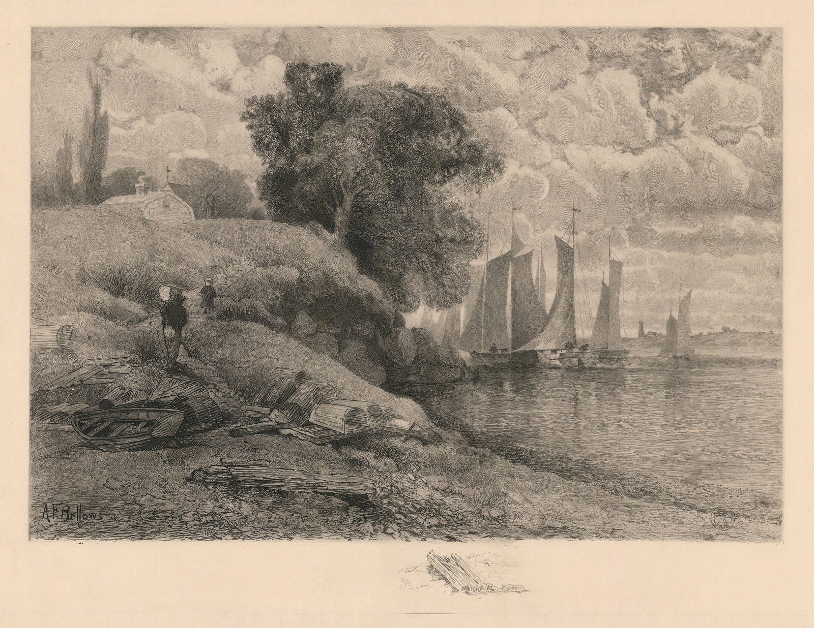 Fishermen in Port, A. F. Bellows, 1885.: Title: Fishermen in Port. Artist: Albert Fitch Bellows (1829-1883). Etching by H. Pruett Share. Published by C. Klackner, New York. Etching, circa 1885. Image size 15 3/4 x 23 1/8" (40 x 58.8 cm).