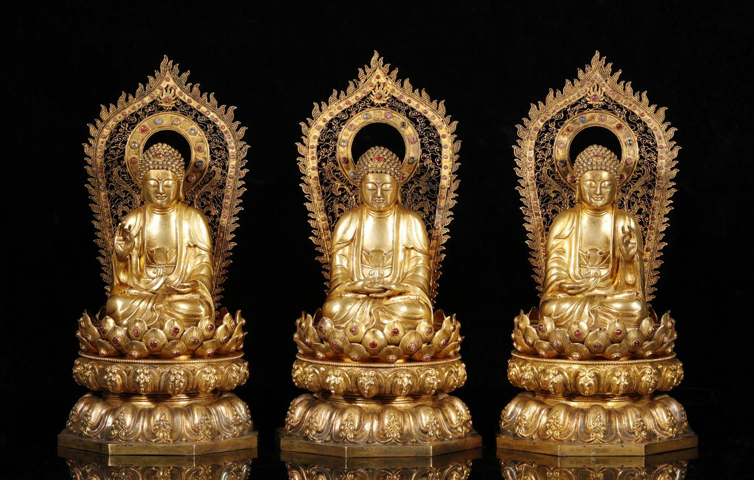 Liao Dynasty - Set of 3 Gilt Silver Buddha Statues (1 of 9)