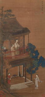 Du Jin - Painting of Figure in Chinese Pavilion: L: 29 1/8 in(74cm) W: 13 3/4 in(35cm) Du Jin (1465-1509) was a Chinese painter of landscapes, human figures, flowers, and animals during the Ming Dynasty (136