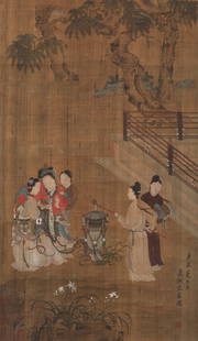 You Qiu - Painting of Figures in Chinese Pavilion: L: 25 5/8 in(65cm) W: 15 in(38cm) Qiu Ying (1494â€“1552) was a Chinese painter who specialized in the