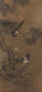 Lu Ji - Painting of a Pair of Eurasian Magpie: L: 22 in(56cm) W: 10 1/4 in(26cm) Lu Ji (1477 ~ 1505) was a Chinese painter of primarily bird and flower works