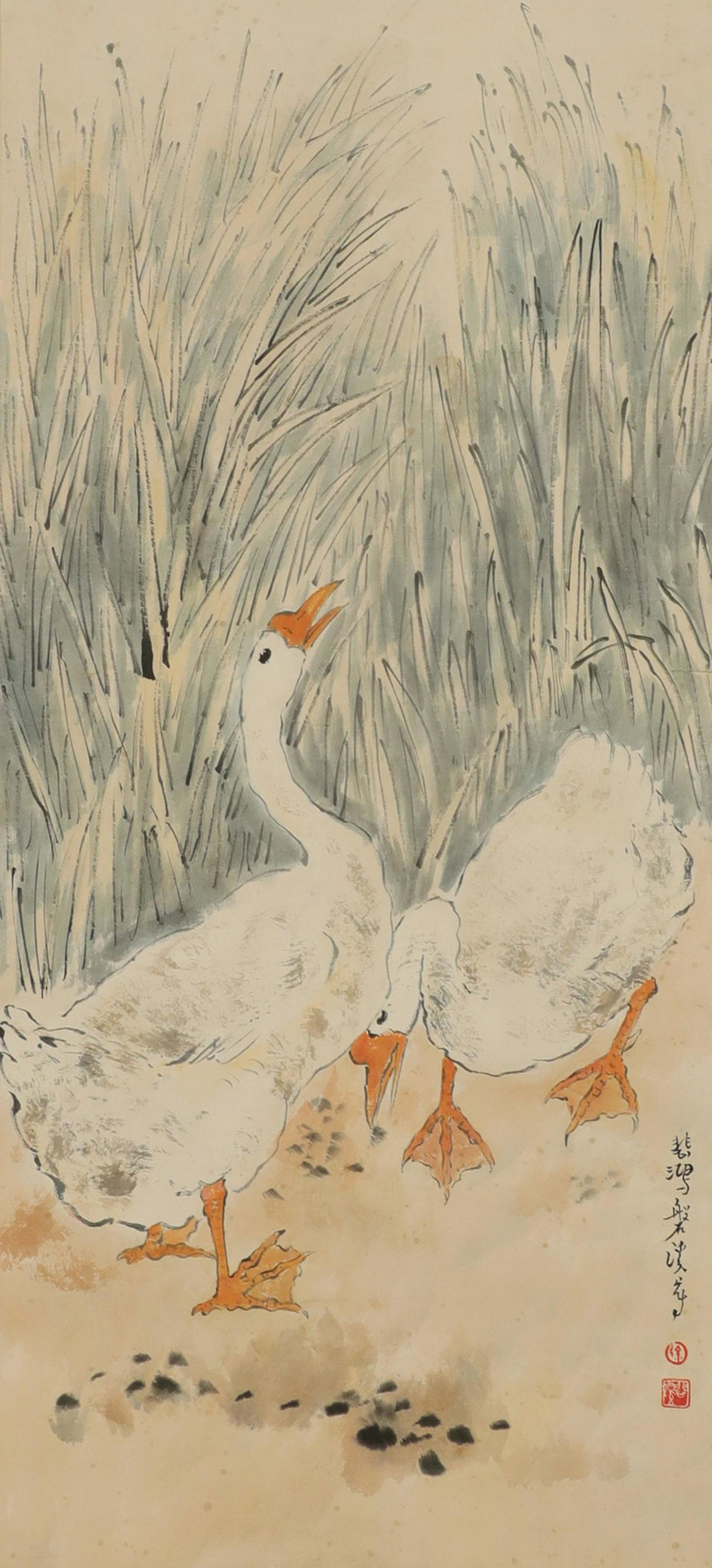 Xu Beihong - Goose Painting: L: 37 3/4 in(96cm) W: 17 3/8 in(44cm) Xu Beihong (19 July 1895â€“26 September 1953), also known as Ju Peon, was a Chinese painter, and was a painter who haile