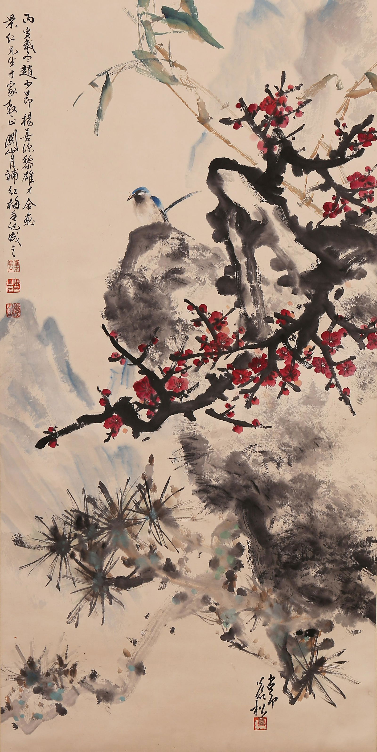 Shan-Yueh Kuan - Flower and Bird Painting: L: 39 3/8 in(100cm) W: 19 3/4 in(50cm) Shan-Yueh Kuan or Guan Shanyue (October 25, 1912-July 3, 2000), formerly known as Guan Zeyu, was born in Yangjiang, Guang