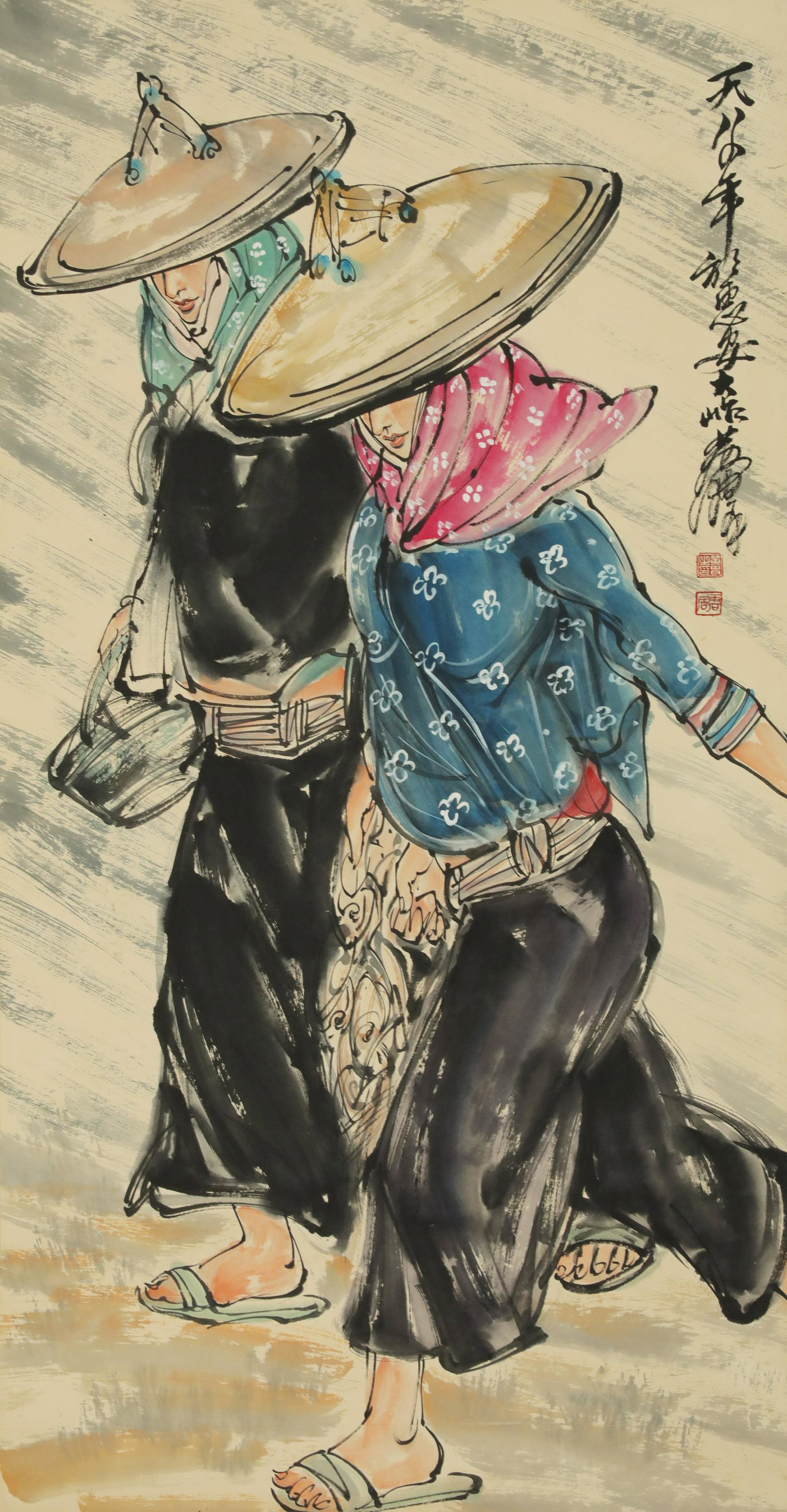 Zhou Huang - Figure Painting: L: 38 1/4 in(97cm) W: 20 1/8 in(51cm) Huang Zhou or Chou Chinese, 20th century, male. Born 1925, in Hebei Province; died 1997. Painter. Figure compositions, la