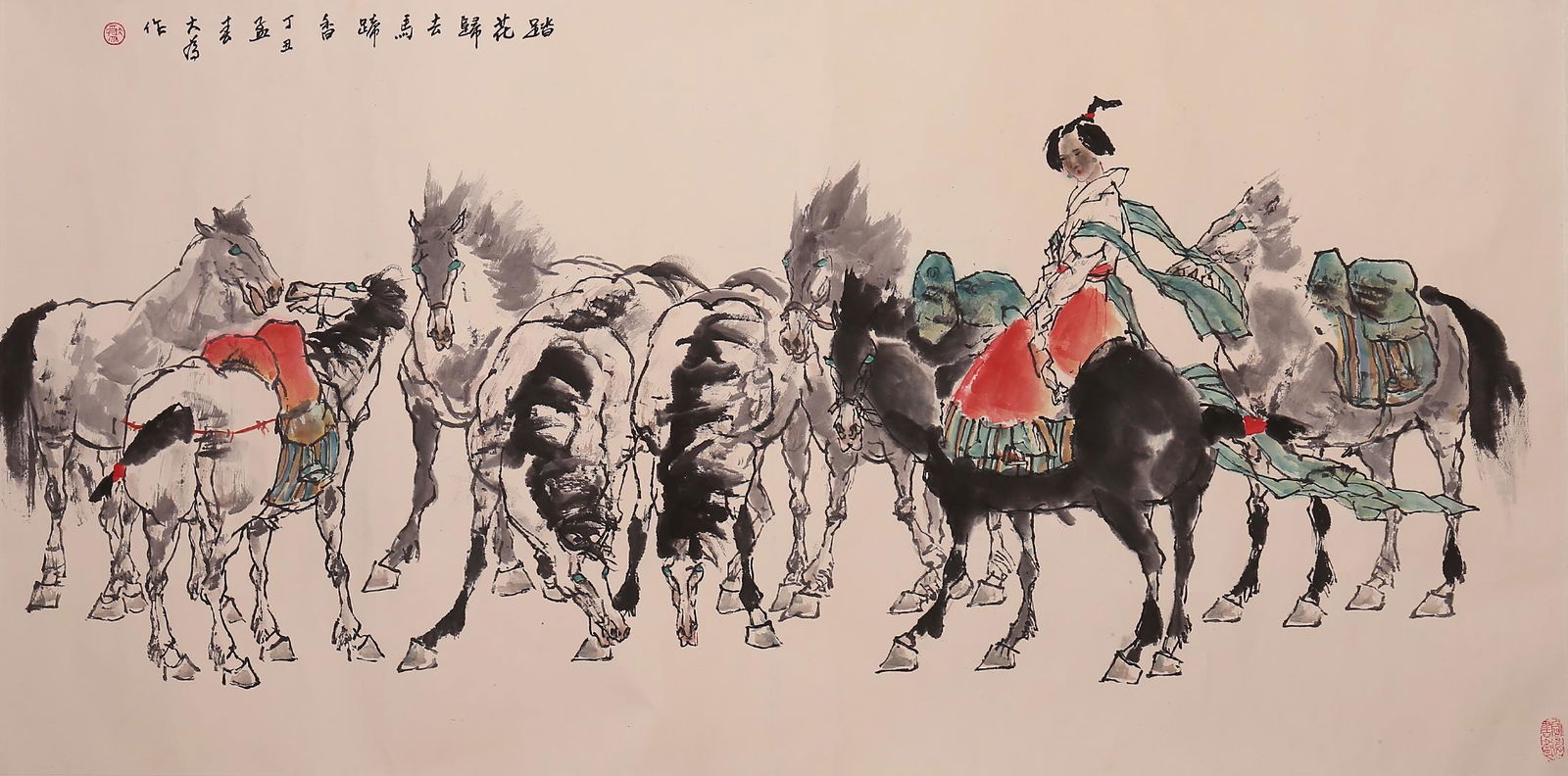 Liu Dawei - Horse Painting: L: 26 3/4 in(68cm) W: 53 1/8 in(135cm) Liu Dawei, born in 1945, was born in Zhucheng, Shandong. He graduated from the Fine Arts Department of Inner Mongolia No
